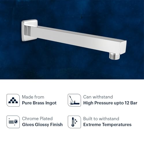 Image of Johnson Square Shower Arm 9 inches long with wall flange | Brass Material | Anti-Corrosion Shower Holder for Overhead Showers | 2 Year Warranty (S0001C1 - Chrome)