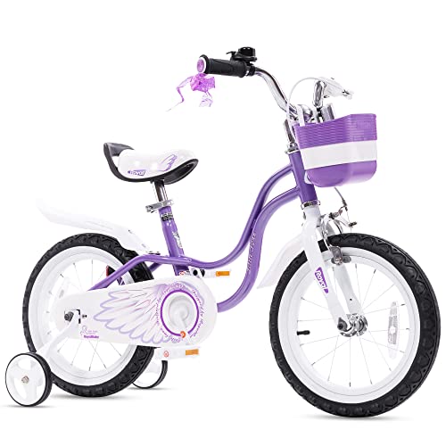 RoyalBaby Princess Girl Children's Bicycle Outdoor Ride-On Bike with Training Wheels, Kickstand, Adjustable Seat, and Basket, 16 Inch, Swan/Purple