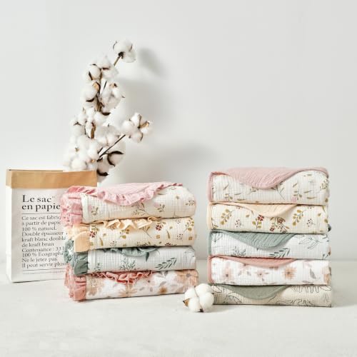 Image of CREVENT 40''X40'' 100% Organic Cotton Muslin Baby Blanket for Newborns, Essential for Baby Shower Birthday Gift - Green Leaves 100X100cm