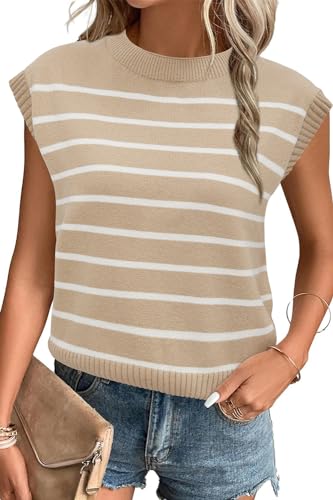 Arach&Cloz Womens Spring Summer 2024 Sweater Vest Crew Neck Stripe Sleeveless Tops Work Business Casual Clothes Outfits Khaki