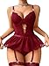 Lilosy Sexy Stocking Rhinestones Heart Garter Underwire Floral Mesh lace Sheer Babydoll Lingerie Teddy Bodysuit Skirt Set Women 2 3 Piece Push Up See Through Burgundy Red Medium