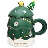Peclek 14 oz Christmas Tree Mug with Lid and Spoon Decorations, Cute Festive Ceramic Coffee Cup, Winter Xmas Holiday Birthday Tabletop Drinkware Teacup Gifts for Adults Kids Men Women (Green)