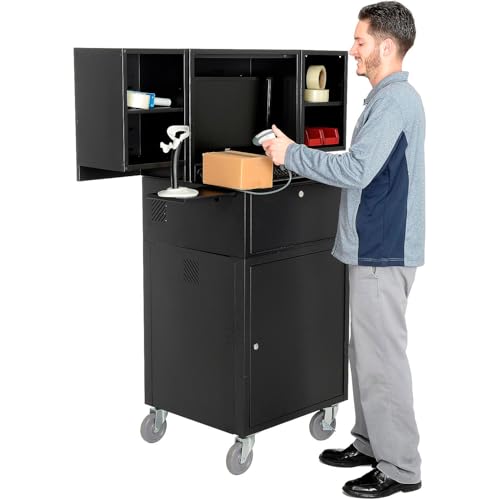 Image of Global Industrial Fold Out Computer Security Cabinet, Mobile, Black | 5 inch Swivel Casters (2 Locking), Steel Construction, 24-1 /2 inchW x 22-1 /2 inchD x 61-1 /2 inchH, Unassembled