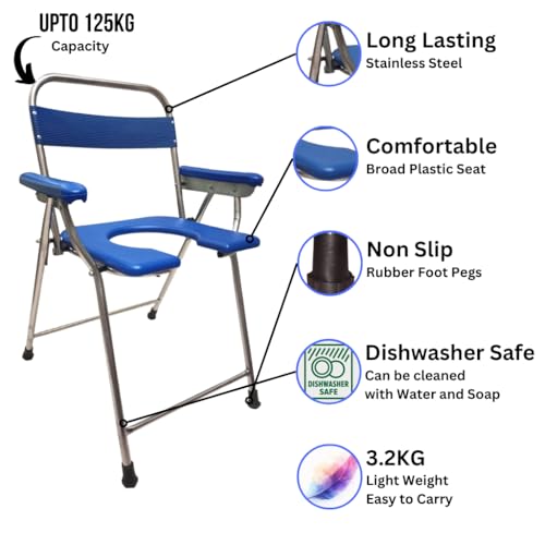 Image of Stainless Steel Toilet Chair, Foldable, Stainless Steel Commode, Bathroom Chair, for Elderly, Disabled and Pregnant Women, Lightweight, Portable, Anti-Skid, Support Upto 100Kg (Blue, Normal)