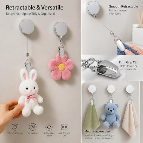Image of Stainless Steel Retractable Dish Towel Holder Clips | No Drill Self Adhesive Wall Mounted Hand Towel Hook & Rag Plug | Punch Free Wire Clip Hangers for Kitchen & Bathroom (Multicolor)
