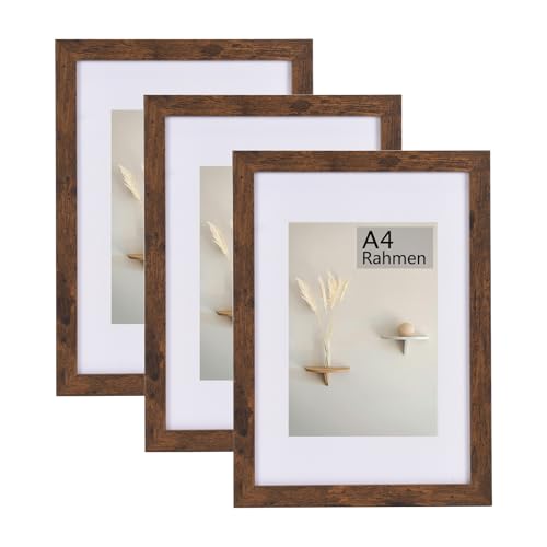 LYYYYX Marco de fotos rústico A4 – 21 x 30 cm, color marrón con cristal acrílico, juego de 3 marcos de certificados, independiente y montado en la pared