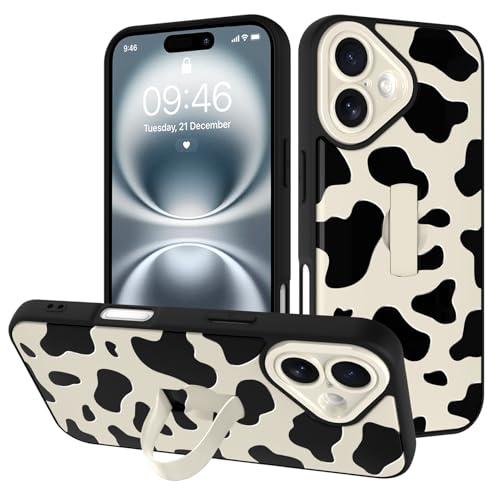Image of for iPhone 16 Case with Finger Strap Holder, Cute Cool Cow Print Pattern Design for Women Men, Shockproof Anti Scratch Hand Kickstand Protective Cover, White