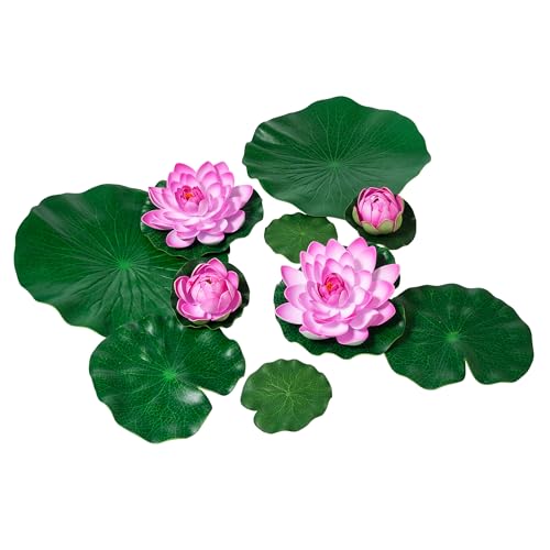 MONT PLEASANT Fake Lily Pads, 10 PCS Artificial Lotus with Water Lily Pad, Realistic Water Floating Foam Lotuses Pads, Pink Artificial Floating Lotus Decor with Pad for Home Outdoor Ponds