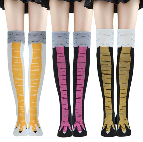Chicken Leg Socks Chicken Feet Stockings Funny Chicken Socks Women Cotton Knee Thigh High Socks Novelty Pattern Athletic Socks for Women Girls Striped Cosplay Socks Funny Gifts (Standard 3Pcs)