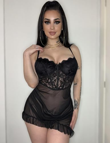 Avidlove Sexy Lingerie for Women Lace Babydoll Dress with Underwire Support Ruffle Hem Hip Chemise Nightgown3