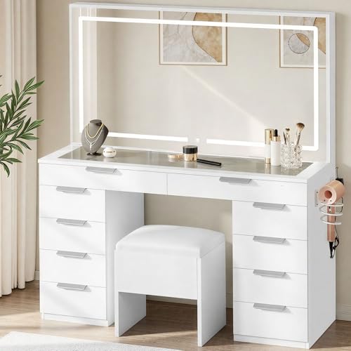DWVO Vanity Desk Set with Mirror & Power Outlets, Vanity Table with 3 Dimmable Light Colors, 10 Drawers, Hair Dryer Rack – Modern Makeup Table with Hidden Storage Stool