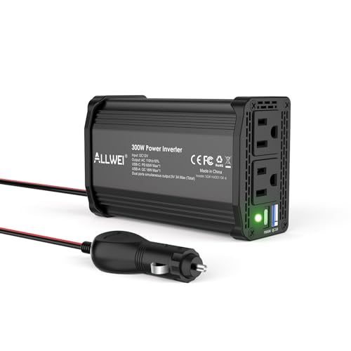 ALLWEI 300W Power Inverter 12V DC to 110V AC Car Plug Adapter Outlet Converter with 65W PD USB-C &18W USB-A Fast Charger, Car Cigarette Lighter Adapter for Laptop Tablets Phones - Portable -
