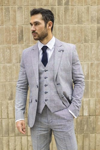 Mens 3 Piece Summer Suit Grey Check Blue Black Tailored Fit Classic Wedding Formal2