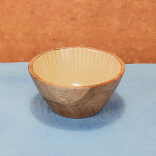 Image of Tripple Treat Snack Bowl Set with Enamel Finish & Stand | Handcrafted Wooden Serving Bowls for Snacks, Dry Fruits & Condiments | Set of 3