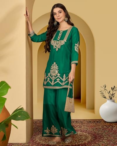 Image of Amazon Brand - Tavasya Women Silk Blend Zari Sequence Thread Embroidered Kurta with Palazzo |Ethnic Wear