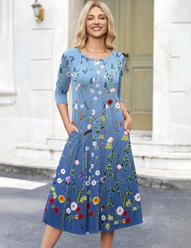 Image of HOTOUCH Women's 3 /4 Sleeve A-line and Flare Midi Long Dress