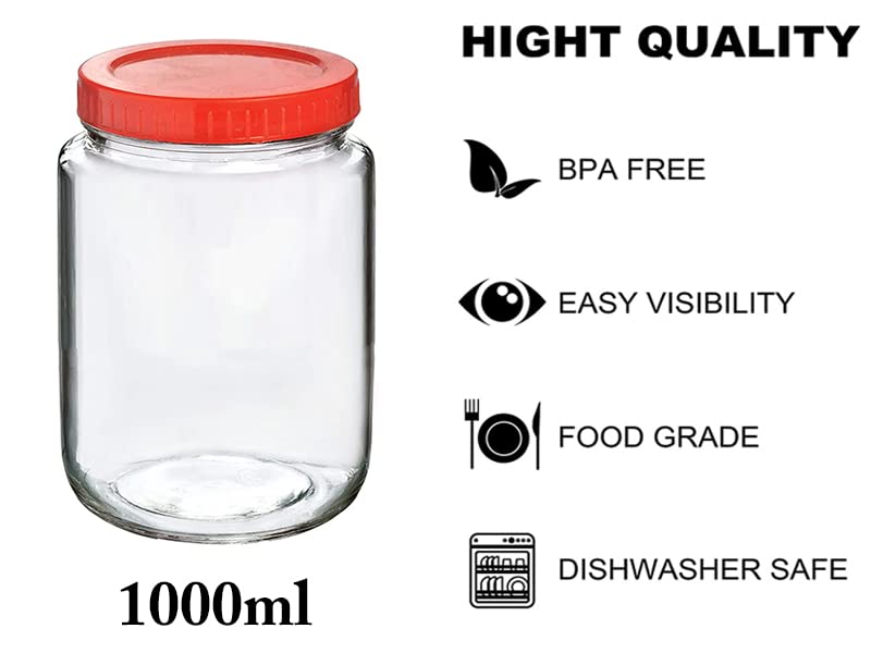 Image of Brezzycloud Piraml Glass Round Shape Transparent Glass Jars & Containers for Kitchen Pantry, Snacks, Dry Fruits, Coffee Beans Storage 1kg glassjar with Red Color Plastic Lid (Set Of 4) (1000ml, round)