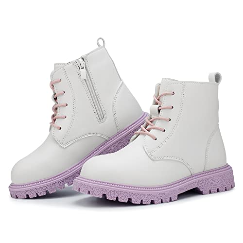 Tobfis Girls Boys Fashion Side Zipper Lace Up Ankle Boot, White Pu, 10 M Us Toddler #TOP26