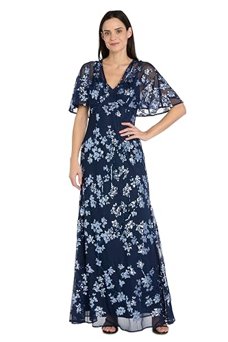 Image of R&M Richards Women's Long Beaded Floral Gown W /Sheer Capelet & Flutter Sleeves - Cocktail Party Evening Style