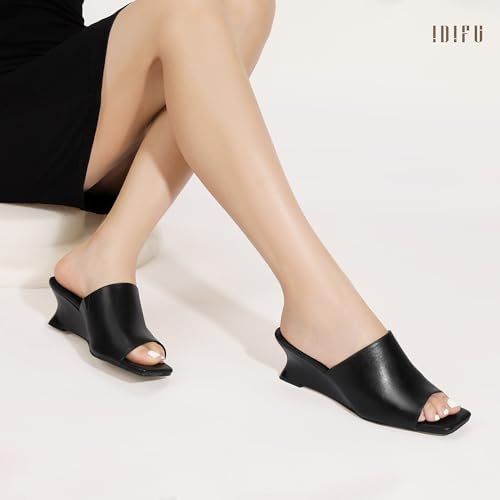IDIFU IN2 Wedge Sandals for Women Dressy Low Mule Heels Short Square Open Toe Backless Dress Shoes for Women Summer Wedding Bride Prom Comfortable Fashion Trendy Slide Slip on Mules Wedges Heels3