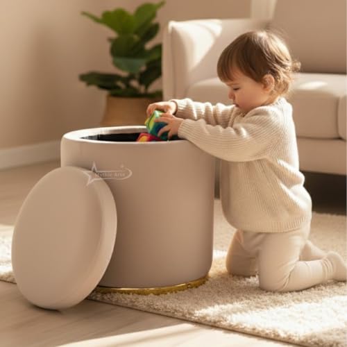 Image of Velvet Round Single Strip Ottoman Office Stool Foot Rest Stool Velvet Fabric Padded Seat Pouf Ottoman 13 X 13X 16 inch, in Round Shape for Living Room Cream