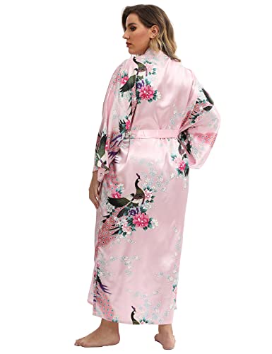 Image of Women's Floral Long Satin Robes Plus Size Long Silk Robes Peacock Floral Kimonos Sleepwear Dressing Gown