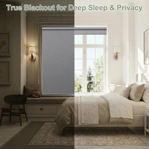 Zshine Motorized Blackout Window Blinds Customize Width (23-95 Inches) Remote Control Wireless and Rechargeable Roller Shades Blinds for Windows, Home, Office, Hotel, Club, Restaurant(82164C)