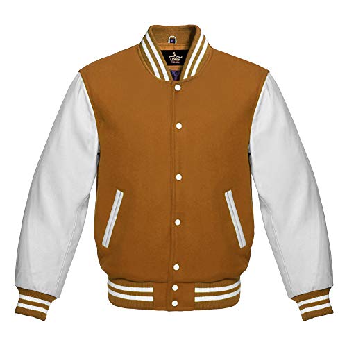 Lishow Fashion Varsity Jacket For Baseball Letterman Of Golden Wool And Genuine white leather sleeves (7X BIG, Golden)
