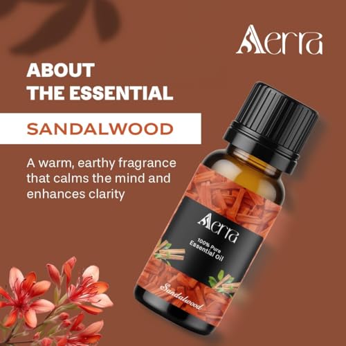 Image of Aerra Sandalwood Essential Oil 15ml | Diffuser 100% pure steam-distilled. Triple-tested purity. Amber glass + dropper. Soft floral aroma. Diffuser, aroma lamp, skin & hair. Potpourri. Vegan. Daily use.