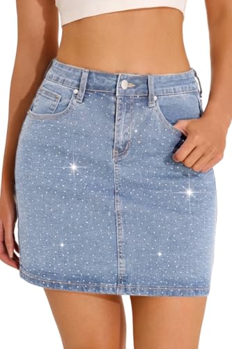 GUANYY Jean Skirts for Women Denim Sparkle Rhinestone Diamond High Waisted Stretch Mini Skirt Vintage Blue Medium