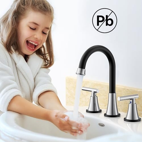 Image of Bathroom Faucet 3 Hole, Black& Chrome Faucets with Drain and Supply Lines | Hurran Stainless Steel Lead-Free Widespread Bathroom Sink Faucet for Vanity RV Restroom Laundry Outdoor Utility Sink