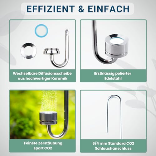 Q-Grow CO2 Diffusor Aquarium aus Edelstahl, mit wechselbarer Keramikscheibe, inkl. 2m Schlauch - Variable Länge