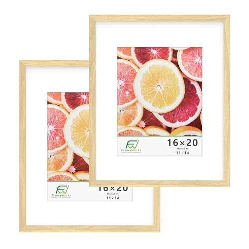 FrameWorks 2-Pack, 16x20 Matted to 11x14 Picture Frame, Natural Oak – Classic Wooden Photo Frame with Tempered Glass, Modern Matte Finish for Prints, Posters, Certificates & Wall Decor – Gallery-Ready