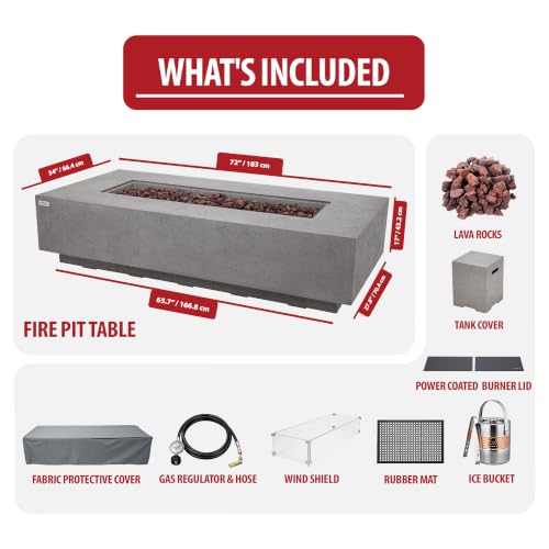 Image of AMS Creations | Savanah 72 inch Bundle Rectangular Cast Concrete Propane Gas Fire Pit Table | Light Gray | Travertine Texture Surface | Electronic Ignition| Outdoor Patio Heater Outside Backyard Fireplace