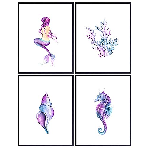 Mermaid Seahorse Seashell Coral Sea Animals Coastal Beach Wall Decor Ocean Nautical Wall Art Decorations for Bathroom Girls Bedroom Living Room Lake House Pink Blue Tropical Summer Art
