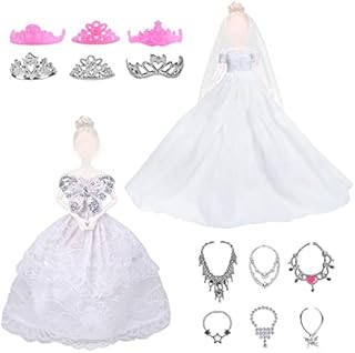 1 Piece Doll Dress Evening Dress Bridal Wedding Dress with 1 Piece Trailing Skirt for Girls Birthday Children's Day Doll Gift 6 Crowns and Necklaces