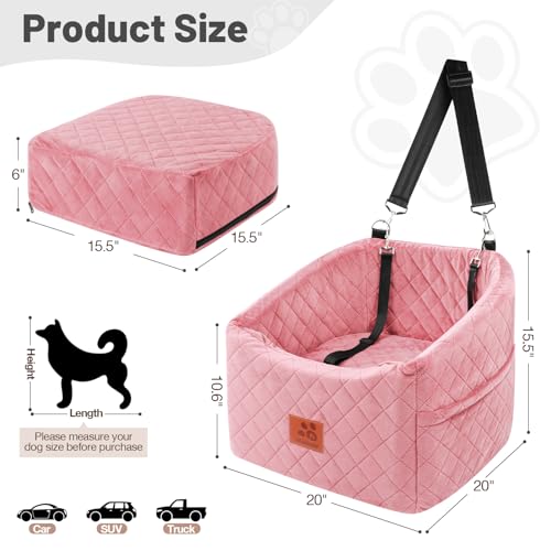 Image of Dog Car Seat for Small Medium Dogs, Memory Foam Pet Booster Seat for Dogs up to 35 lbs, Elevated Dog Carseat, Travel Safety Bed with Washable Removable Cover and Storage Pockets (Pink)