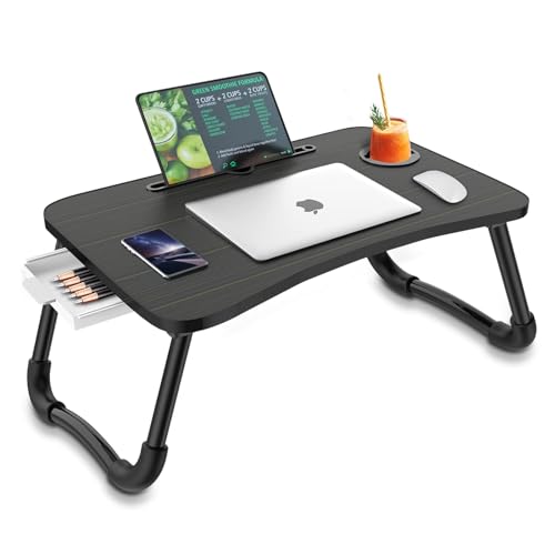 Zapuno Foldable Laptop Bed Table Multi-Function Lap Serving Tray Dining Table with Storage Drawer and Water Bottle Holder, Slot for Eating, Working on Couch/Sofa (Arc Shape) by Zapuno - Used condition - US$29.81