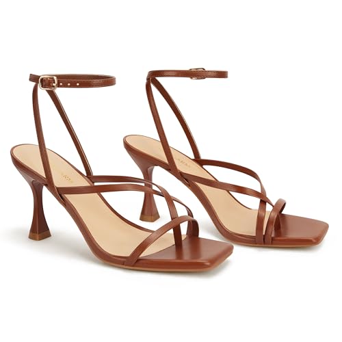 Women's Strappy High Heels Sandals Square Open Toe Ankle Strap Slingback Thong Stilettos Shoes for Wedding,Brown Pu,73