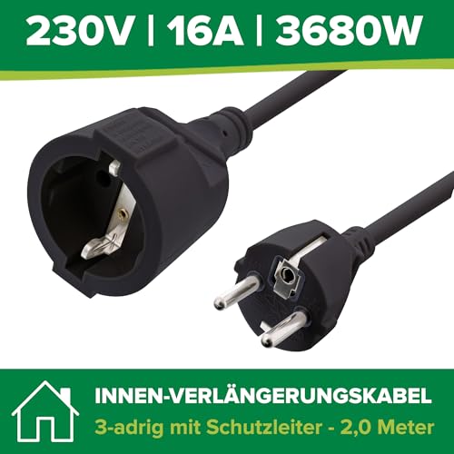 InLine Schutzkontakt-Verlängerungskabel CEE 7/7 für Innenbereich, GS-zertifiziert mit Kinderschutz, 230V, H05VV-F3G1,5, 2m, schwarz, 16402 – Ansicht 2