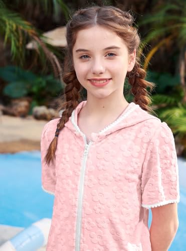 Image of BesserBay Girls Summer Beach Quick Dry Cover Up Ruffle Hem Terry Smocked Hooded 4-14 Years with Pockets