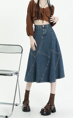 CHARTOU Women Summer Patchwork Denim Maxi Skirt Vintage High Waist A Line Long Skirt4