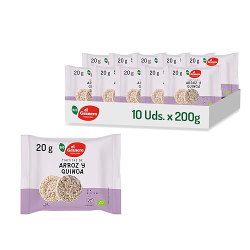 EL GRANERO INTEGRAL - Pack de 10 unidades de Tortitas de Arroz y Quinoa Bio - 20 g - Ecológicas, Sin Azúcar Añadido y Sin Gluten - Aptas para Veganos - Fuente de Fibra y Proteínas