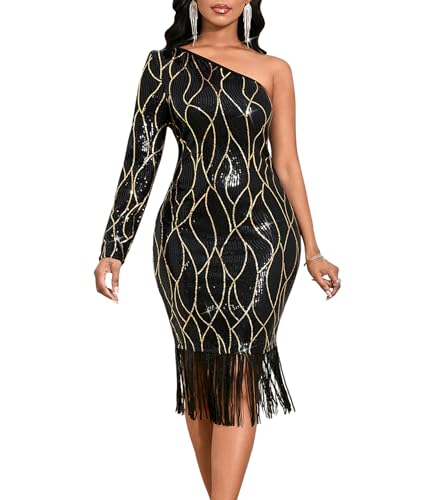 Image of dasmzper Women Sexy Sequin One Shoulder Long Sleeve Tassel Hem Bodycon Midi Dress Party Cocktail Dress