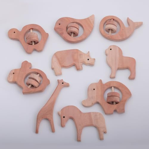 Image of Natural Neem Wood Baby Teether - Handmade Animal Shape Wooden Toy - Non-Toxic, Organic Chew Aid for Teething - Safe for Gums - Biodegradable, Eco-Friendly Gift for Infants & Toddlers (Neem Wood Baby Teether Set -9)