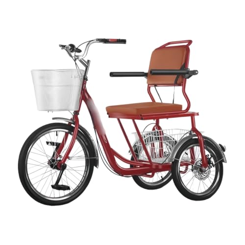 MiluFox 高齢者・成人用 三輪自転車 転倒防止 1 人座 三輪クルーザー 前輪駆動 前ペダル式 高炭素鋼製 駐車ロック付き ベル/バスケット付き ハンドル高さ・座面前後調整可 公園・買い物・ピクニック・トレーニング用 (赤色,山東タイヤ)