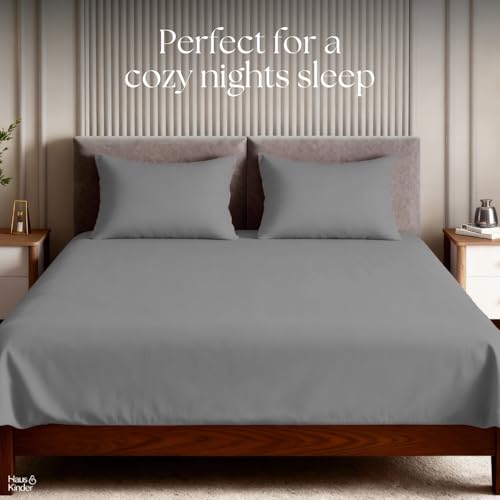 Image of haus & kinder Bedsheet King Size, 300 TC Cotton Sateen Weave, Flat Bedsheet for King Size Bed, Silky Smooth (Fogstone, 108x108)