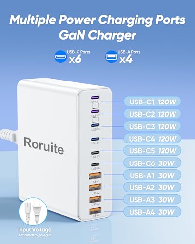 Image of 1000W USB C Charging Station, 120W PD GaN5 Super Fast USB C Charger Block-10 Port, Type C for PC Laptop MacBook Pro /Air Charger Compatible with iPhone 17 16 15 14 13 12 Pro Max, iPad, Galaxy