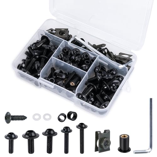 EKUWU 177PCS Motorcycle Fairing Bolt Kit, M5 M6 Stainless Windscreen Screw Set, Universal Fairing Bolt Kit for Kawasaki, Suzuki, Honda, Yamaha, BMW, Ducati & GSXR (Black)
