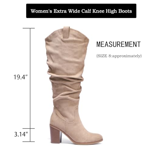 Luoika Women's Extra Wide Calf Cowboy Knee High Boots, Wide Width Cowgirl Slouchy Boots Chunky Pump Heel Plus Size Western Boots.4
